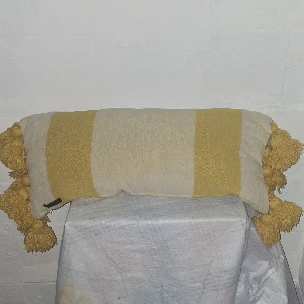 Yellow Beige Striped Rectangular Decorative Pillow with Tassels Textured Fabric